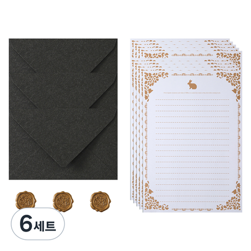 데일리조이 캐시미어 편지봉투 3p + 토끼편지지A 10p + 실링스티커 3p 세트, 블랙(편지봉투), 6세트