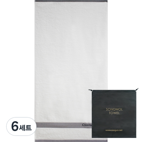 카운테스마라 사선라인50 바스 타월 250g 뱀부얀 혼방사 + 송월타월 파우치 세트, 타월(아이보리), 파우치(블랙), 6세트