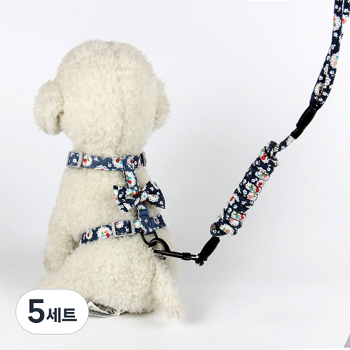 요런개 강아지 패턴 로프 하네스 + 리드줄 세트, 07 네이비, 5세트