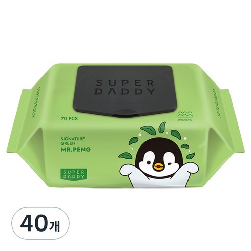 슈퍼대디 미스터펭 그린 유아 물티슈 캡형, 40개, 70매, 70g