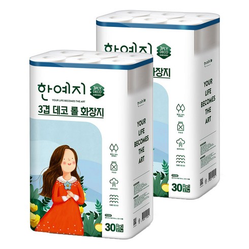 한예지 3겹데코 천연펄프 롤화장지 27m, 30롤, 2개