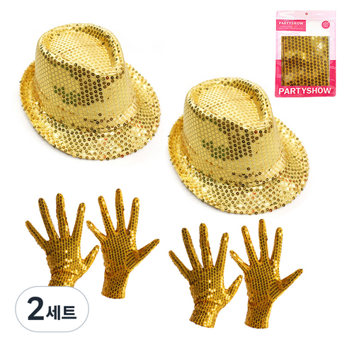 파티쇼 파티 스팡클 장갑 골드 양손착용 2p + 반짝이 신사모자 골드 2p, 2세트