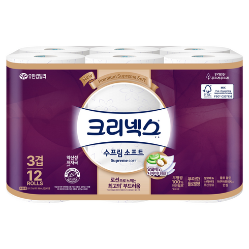 크리넥스 수프림 소프트 화장지 3겹, 27m, 12롤, 1개