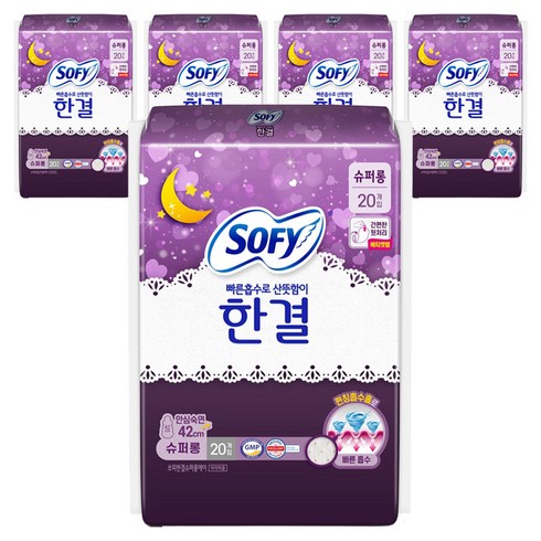 쏘피 한결 생리대 날개형, 슈퍼롱, 20개입, 5개