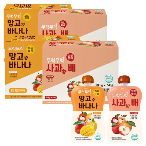 이유케어스 무럭무럭 과일 퓨레 2종 x 7p 세트, 사과랑 배 + 망고랑 바나나 혼합맛, 2세트