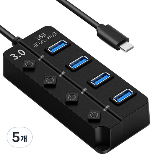 구스페리 USB 3.0 C타입 개별스위치 무전원 4포트 멀티허브 1m, 블랙, 5개