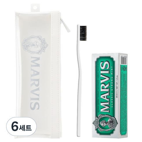 마비스 클래식민트 치약 25ml + 화이트칫솔 + 휴대용 파우치 여행용, 6세트