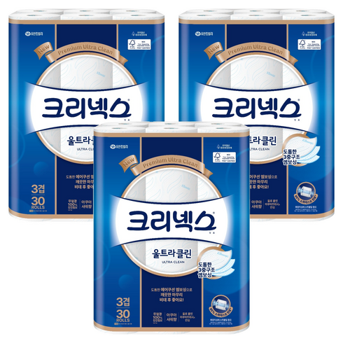 크리넥스 울트라클린 천연펄프 3겹 고급롤화장지, 27m, 30개입, 3개