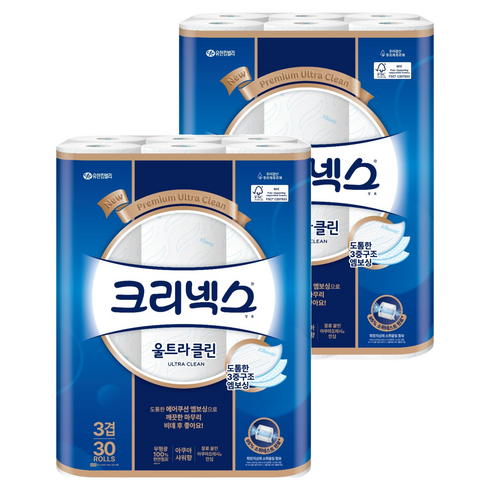 크리넥스 울트라 클린 천연펄프 3겹 고급롤화장지, 27m, 30개입, 2개