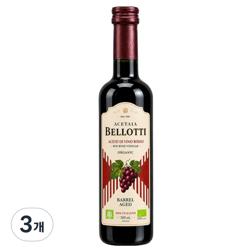 벨로티 배럴 숙성 유기농 레드 와인 비니거, 3개, 500ml