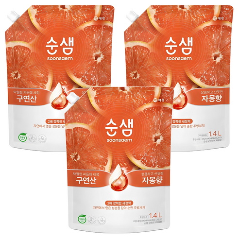 순샘 구연산 자몽향 주방세제 리필, 1.4L, 3개
