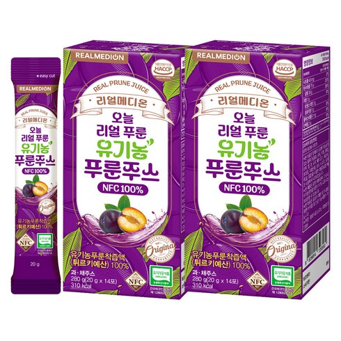 리얼메디온 오늘 리얼 유기농 푸룬주스 NFC 100% 14p, 2개, 280g