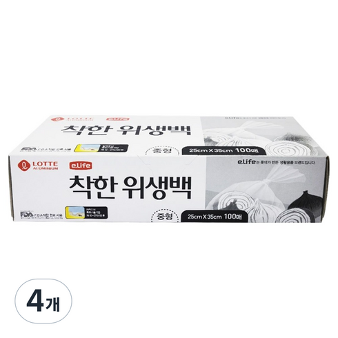 롯데 이라이프 착한 위생팩 중형 25 x 35 cm, 중(M), 100개입, 4개