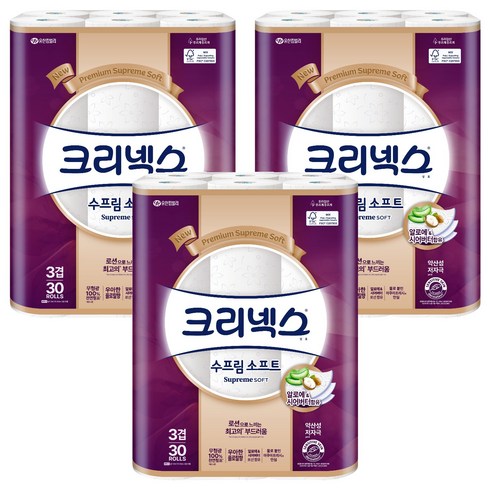 크리넥스 수프림 소프트 화장지 3겹, 30m, 30롤, 3개