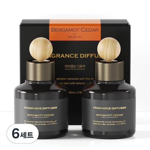 아이엠듀 퍼퓸 차량용 디퓨저 80ml 2개 + 우드볼스틱 2개 + 흡착패드 2개, 베르가못시더, 6세트