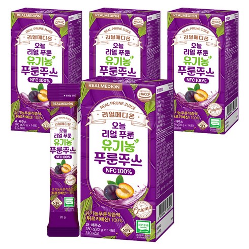 리얼메디온 오늘 리얼 유기농 푸룬주스 NFC 100% 14p, 4개, 280g