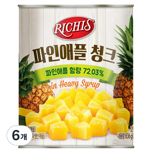 리치스 파인애플 청크 통조림, 836g, 6개