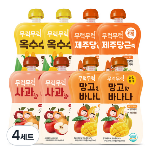 이유케어스 무럭무럭 키즈죽 과일 퓨레 4종 세트, 옥수수, 당근, 사과 + 배 혼합맛, 망고 + 바나나 혼합맛, 4세트