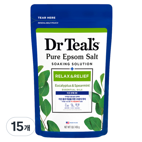 닥터틸즈 퓨어 엡섬솔트 소킹 솔루션 입욕제 유칼립투스 앤 스피아민트, 450g, 15개