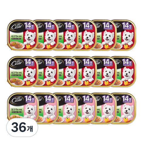 시저 14세 이상 시니어 강아지 버라이어티팩 주식캔 쇠고기 12p + 닭고기 6p, 혼합맛, 100g, 36개