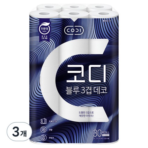 코디 블루 3겹 데코 롤 화장지, 27m, 30롤, 3개