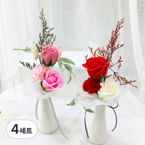 노블리 프리져브드 + 비누꽃화병 + 감사카드 + 용돈봉투 + 쇼핑백 세트, 레드, 핑크, 4세트