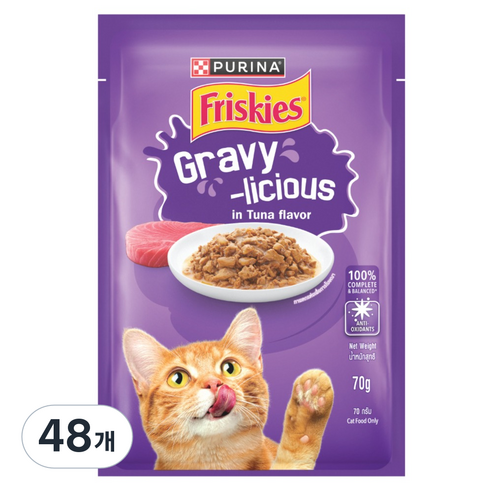 프리스키 고양이 퓨리나 그레이비 주식 습식 파우치 참치맛, 48개, 70g, 참치, 닭