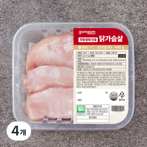 곰곰 무항생제 인증 닭가슴살 (냉장), 400g, 4개