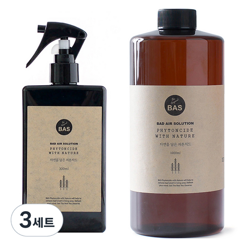BAS 자연을 담은 피톤치드 원액 탈취제 스프레이 본품 300ml + 리필 1L 세트, 3세트, 300ml + 1000ml