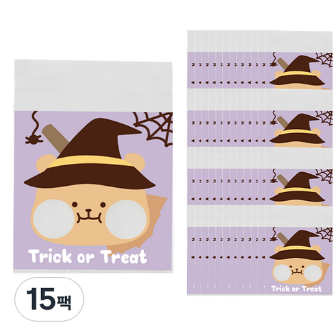 도나앤데코 할로윈 포장 비닐 opp 접착 봉투 100p, 곰돌이 퍼플, 15팩