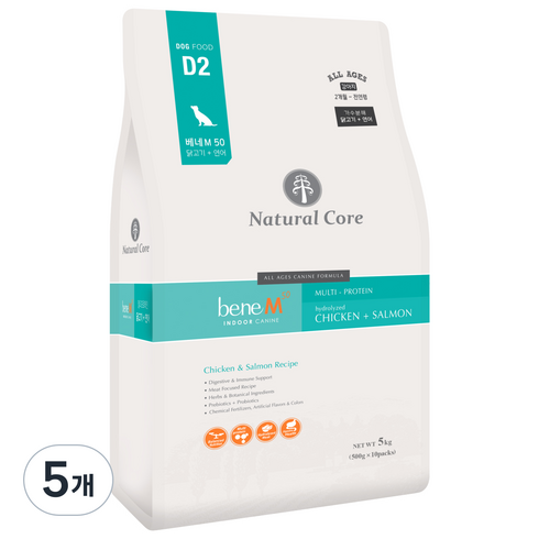 네츄럴코어 전연령 강아지 베네 M50 건식사료 작은입자, 닭+연어, 5kg, 5개