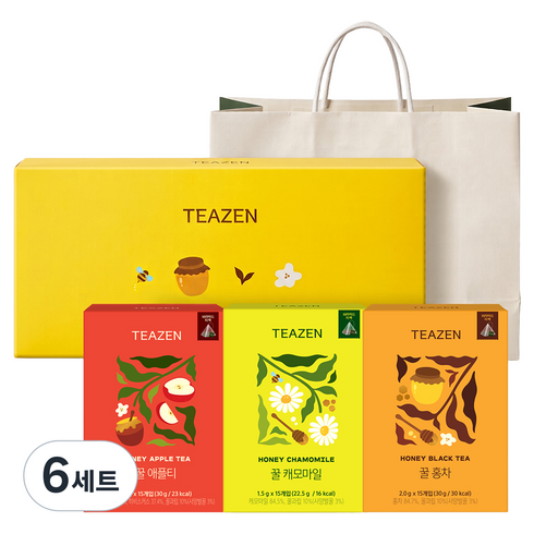 티젠 꿀차 삼각티백 3종 선물세트 + 쇼핑백, 6세트, 홍차 30g + 애플티 30g + 캐모마일 22.5g