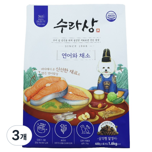 수라상 전연령 강아지 연어와 채소 기능성 사료, 1.6kg, 3개, 연어