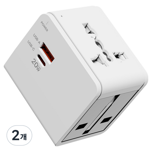 누아트 Gan PD 20W 고속충전 해외 여행용 멀티 어댑터 2포트 C타입 + USB 포트 화이트, 2개