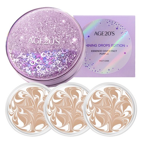 에이지투웨니스 샤이닝 드롭스 에디션 뉴오리지널 에센스 커버 팩트 케이스 퍼플 + 리필 12.5g x 3p, 21호 화이트라떼, 1개