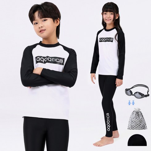 아쿠아티카 남아용 래쉬가드상하의 + 스판수모 + 비닐백 + 실리콘귀마개 + 수경 일반용수경 세트 AQA341