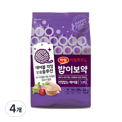 하림펫푸드밥이보약 고양이 기능성 사료, 헤어볼, 3.4kg, 4개