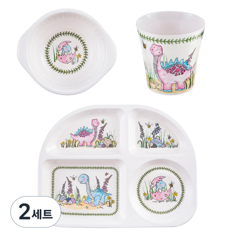 포트메리온 미니메리온 공룡 식판 세트, 핑크 + 블루, 식판 + 볼 + 컵, 2세트