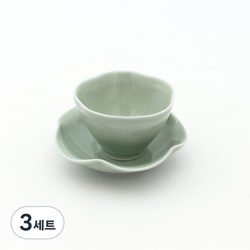 달소금 국산 예쁜 도자기 다기 유광 꽃잎 찻잔세트, 라이트그린, 3세트