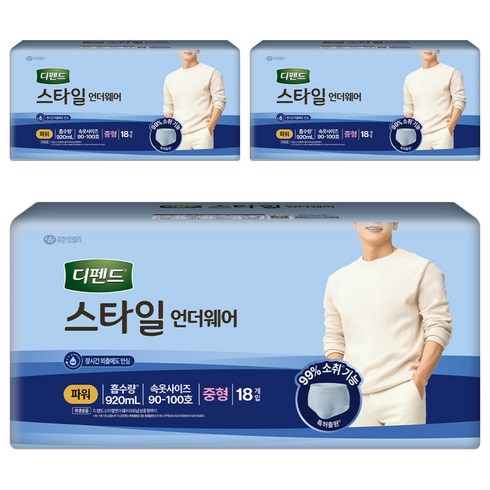 디펜드 남성용 스타일 언더웨어 성인기저귀 파워, 중형, 18개입, 3개