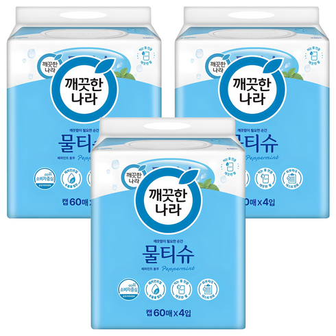 깨끗한나라 페퍼민트블루 물티슈 캡형, 195g, 60개입, 12개