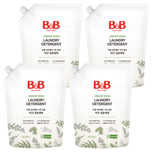 비앤비 리얼 라즈베리 식초 담은 비건 섬유세제 무향 리필, 1.5L, 4개