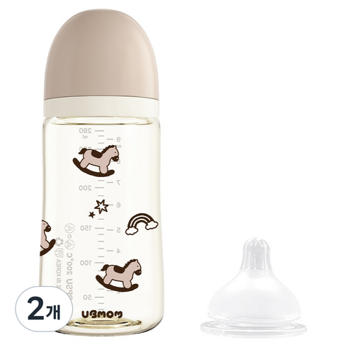 유비맘 모유실감 PPSU 리틀포니 젖병 젖꼭지, 초코포니, 2개, 280ml