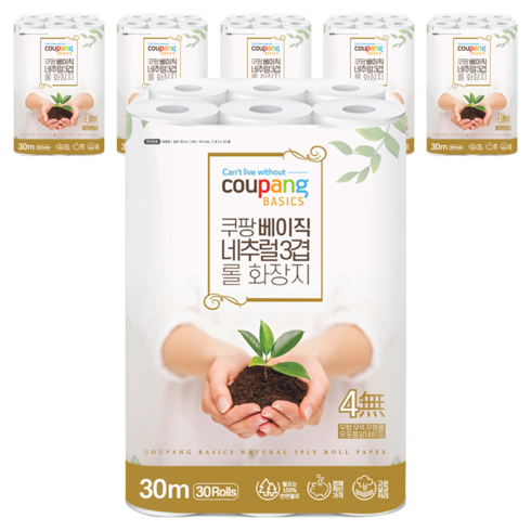 쿠팡베이직 네추럴 3겹 천연펄프 롤화장지 30m, 30개입, 6개