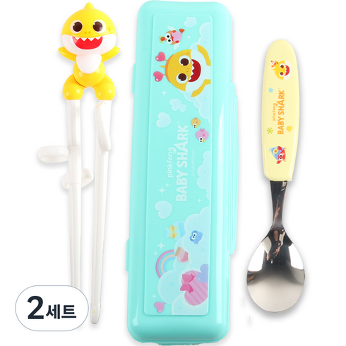 핑크퐁 아동용 아기상어 입체 교정젓가락세트, 혼합색상, 숟가락 + 젓가락 + 케이스, 2세트