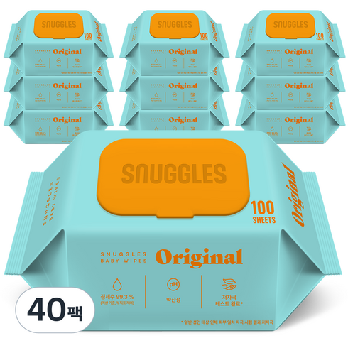 스너글스 오리지널 유아용 아기물티슈 엠보싱 캡형 피부 저자극 인증, 40팩, 100매, 50g