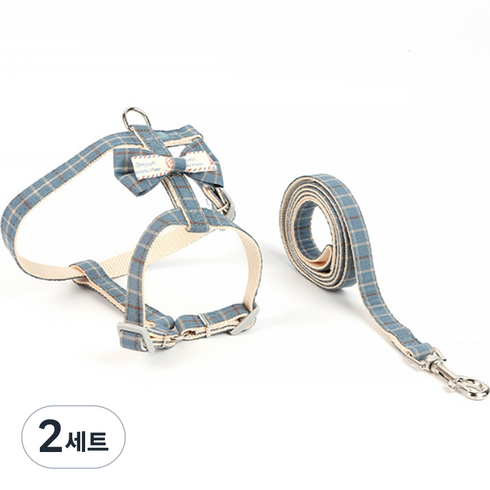 요런개 강아지 마이리본 하네스 + 리드줄 세트, 블루, 2세트