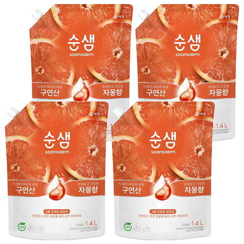 순샘 구연산 자몽향 주방세제 리필, 1.4L, 4개