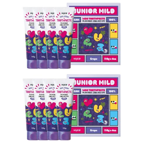 뷰카 주니어 마일드 고불소 구취케어 비건 어린이 치약 포도향, 110g, 8개
