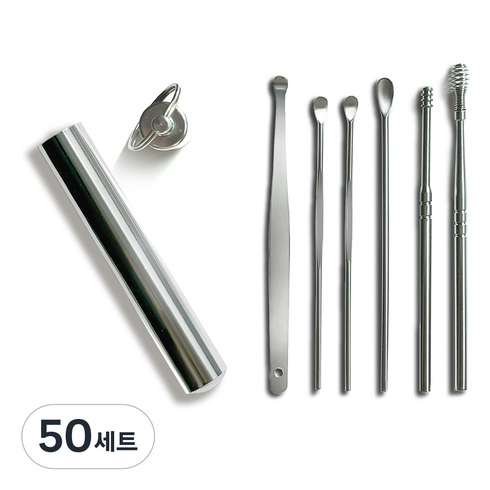 쁘띠살롱 스틸 휴대용 귀이개 6종 + 케이스 9.6cm 세트 실버, 50세트